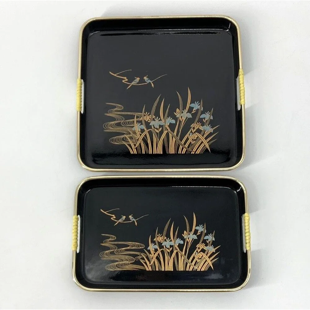2 Set Vtg Toyo Japan Blue Iris Birds Black Lacquer Decorative Trays Gold Reeds